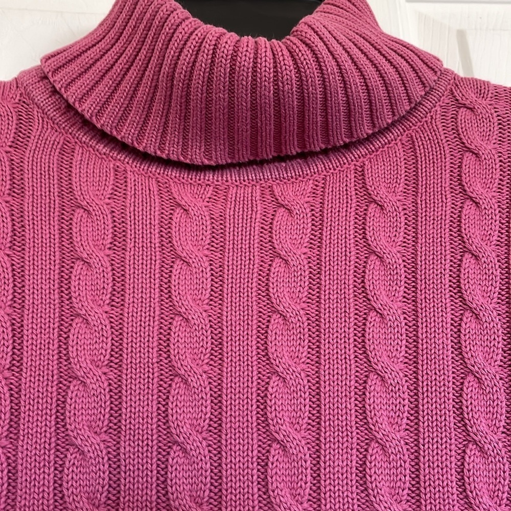 Women’s LL Bean M cable knit pink turtleneck sweater wash wear see needed repair